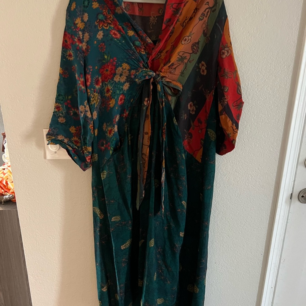 Boho Floral Tie-Front Maxi Dress in Teal and Multi by BUYKUD size large